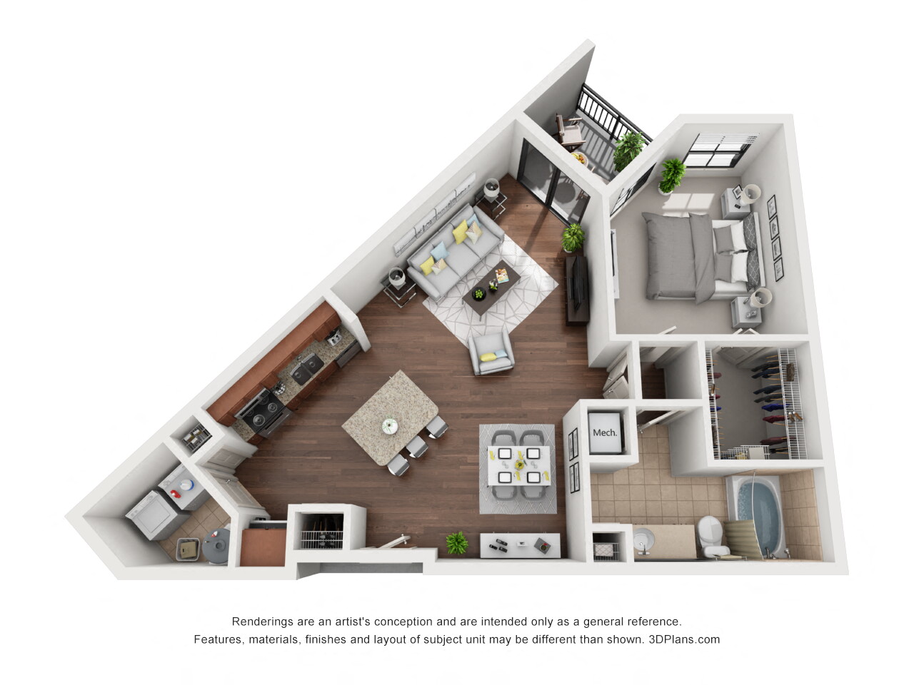 Floor plan for 1 bed, 1 bath, 835 sqft